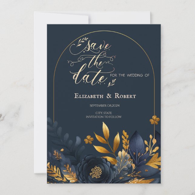 Navy Blue Flowers Gold Leaves Save The Date (Front)