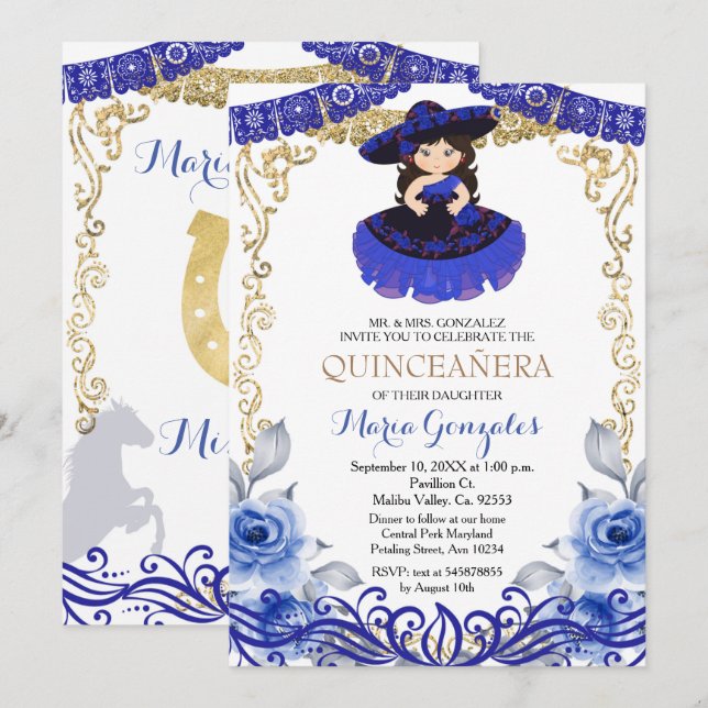 Navy Blue Flowers Gold Quinceanera Invitation (Front/Back)
