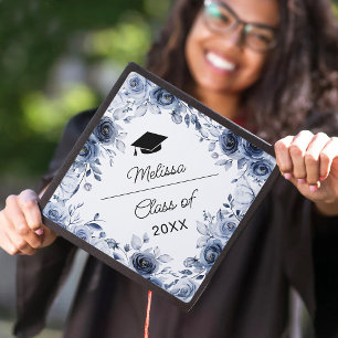 Navy Blue Flowers Graduation Cap Topper
