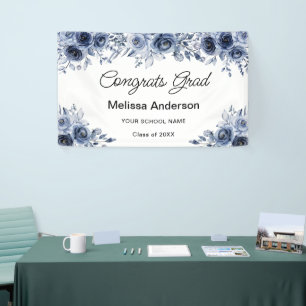 Navy Blue Flowers Graduation Party Banner