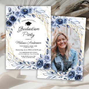 Navy Blue Flowers Graduation Party Photo Invitation
