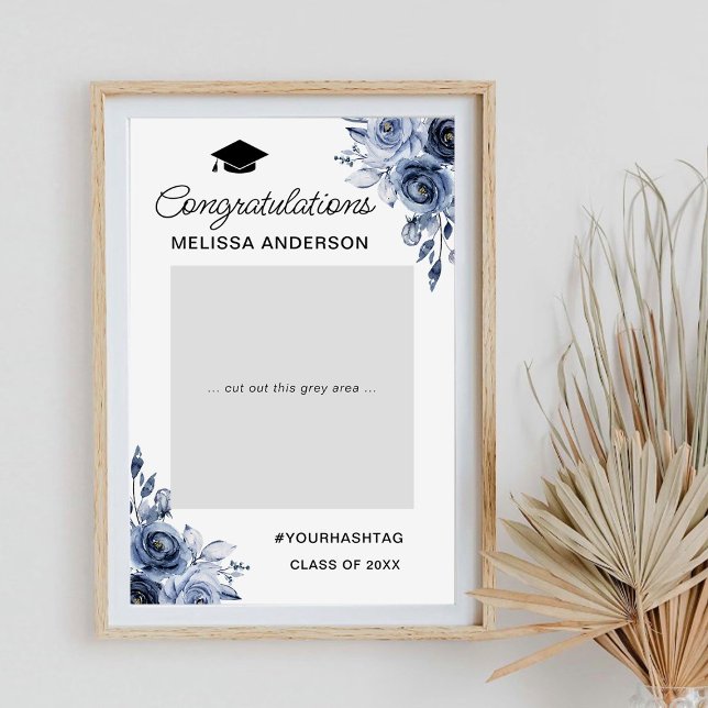 Navy Blue Flowers Graduation Party Photo Prop Poster (Creator Uploaded)
