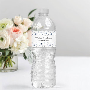 Navy Blue Flowers Graduation Water Bottle Label