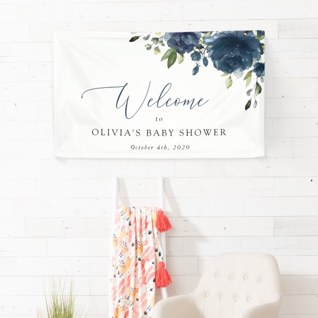 Navy Blue Flowers, Greenery, Baby Shower Welcome Banner (Insitu)