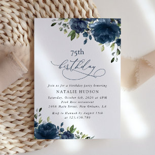 Navy Blue Flowers, Greenery, Boho, Any Birthday Invitation