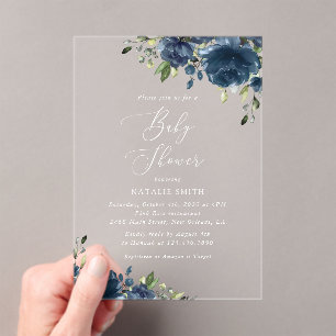 Navy Blue Flowers, Greenery, Boho, Baby Shower Acrylic Invitations