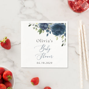 Navy Blue Flowers, Greenery, Boho, Baby Shower Napkin
