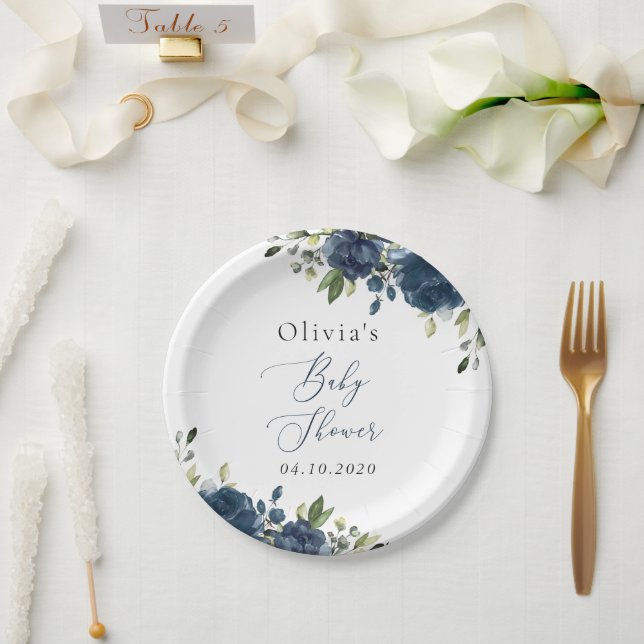 Navy Blue Flowers, Greenery, Boho, Baby Shower Paper Plate (Wedding)