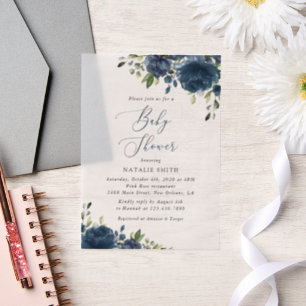 Navy Blue Flowers, Greenery, Boho, Baby Shower Vellum Invitations