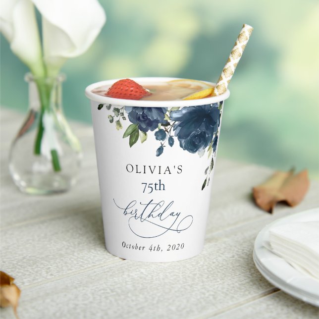 Navy Blue Flowers, Greenery, Boho, Birthday Paper Cups (Insitu)