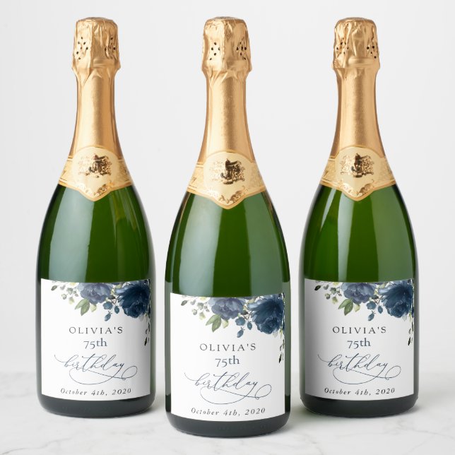 Navy Blue Flowers, Greenery, Boho, Birthday Sparkling Wine Label (Bottles)