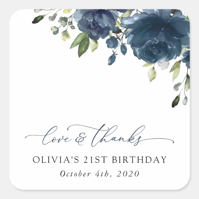 Navy Blue Flowers, Greenery, Boho, Birthday Square Sticker (Front)