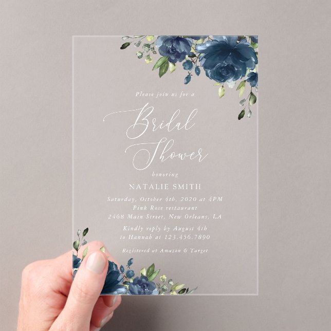 Navy Blue Flowers, Greenery, Boho, Bridal Shower Acrylic Invitations (Insitu (Handheld))