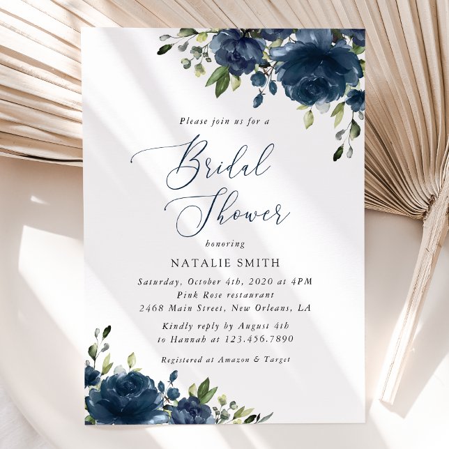 Navy Blue Flowers, Greenery, Boho, Bridal Shower Invitation (Creator Uploaded)