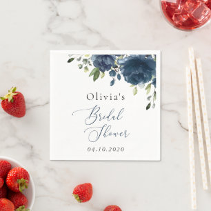 Navy Blue Flowers, Greenery, Boho, Bridal Shower Napkin