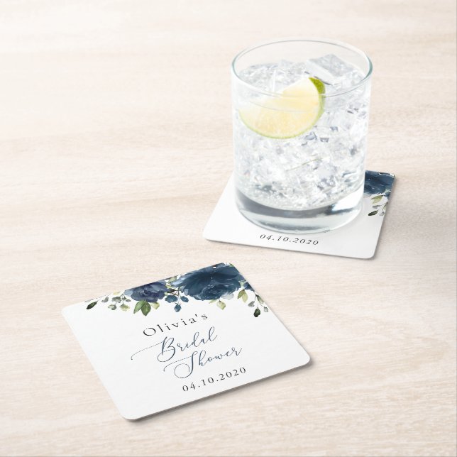 Navy Blue Flowers, Greenery, Boho, Bridal Shower Square Paper Coaster (Insitu)