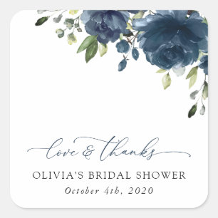 Navy Blue Flowers, Greenery, Boho, Bridal Shower Square Sticker