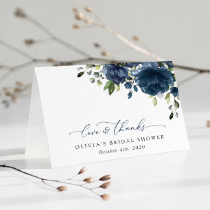 Navy Blue Flowers, Greenery, Boho, Bridal Shower Thank You Card