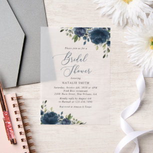 Navy Blue Flowers, Greenery, Boho, Bridal Shower Vellum Invitations