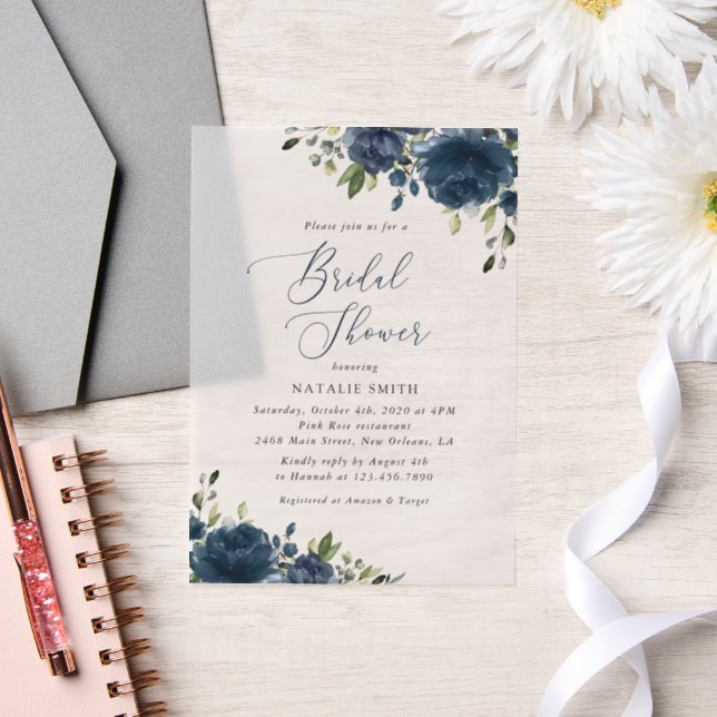 Navy Blue Flowers, Greenery, Boho, Bridal Shower Vellum Invitations (Wedding)