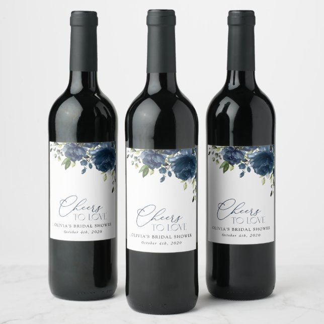 Navy Blue Flowers, Greenery, Boho, Bridal Shower Wine Label (Bottles)