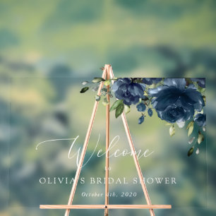 Navy Blue Flowers, Greenery, Boho, Bridal Welcome Acrylic Sign