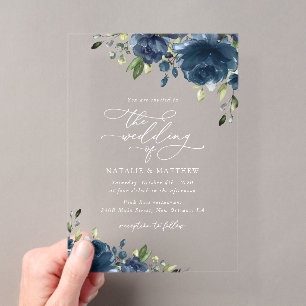Navy Blue Flowers, Greenery, Boho, Floral Wedding Acrylic Invitations