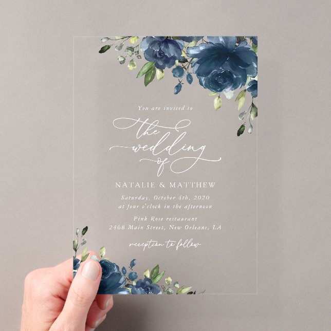 Navy Blue Flowers, Greenery, Boho, Floral Wedding Acrylic Invitations (Insitu (Handheld))
