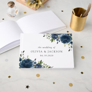 Navy Blue Flowers, Greenery, Boho, Floral Wedding Guest Book