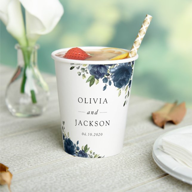 Navy Blue Flowers, Greenery, Boho, Floral Wedding Paper Cups (Insitu)