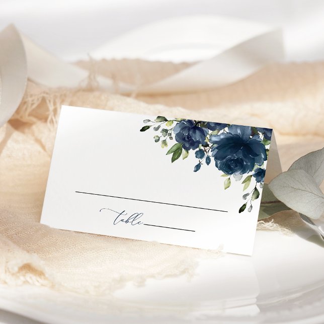 Navy Blue Flowers, Greenery, Boho, Floral Wedding Place Card (Creator Uploaded)