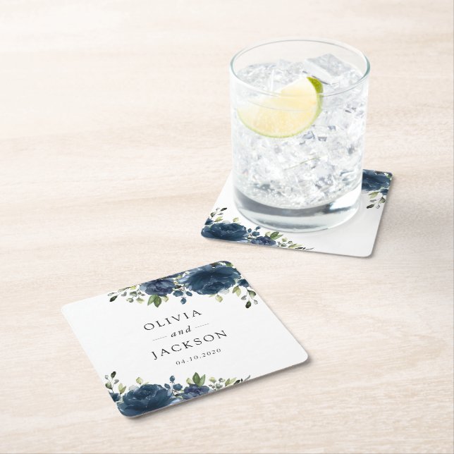 Navy Blue Flowers, Greenery, Boho, Floral Wedding Square Paper Coaster (Insitu)