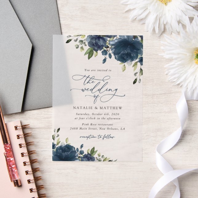 Navy Blue Flowers, Greenery, Boho, Floral Wedding Vellum Invitations (Wedding)