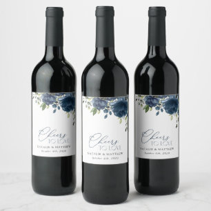 Navy Blue Flowers, Greenery, Boho, Floral Wedding Wine Label
