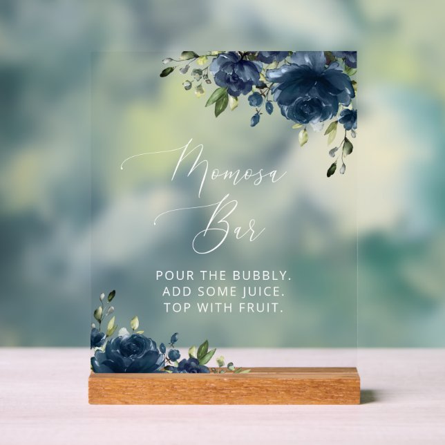 Navy Blue Flowers, Greenery, Boho, Momosa Bar Acrylic Sign (Neutral)