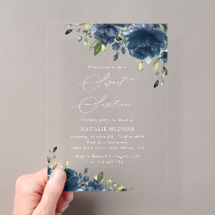 Navy Blue Flowers, Greenery, Boho, Sweet 16 Acrylic Invitations