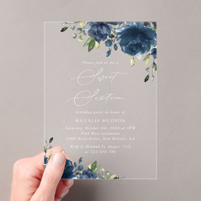 Navy Blue Flowers, Greenery, Boho, Sweet 16 Acrylic Invitations (Insitu (Handheld))