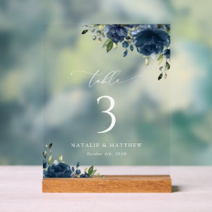 Navy Blue Flowers, Greenery, Boho, Table Numbers Acrylic Sign