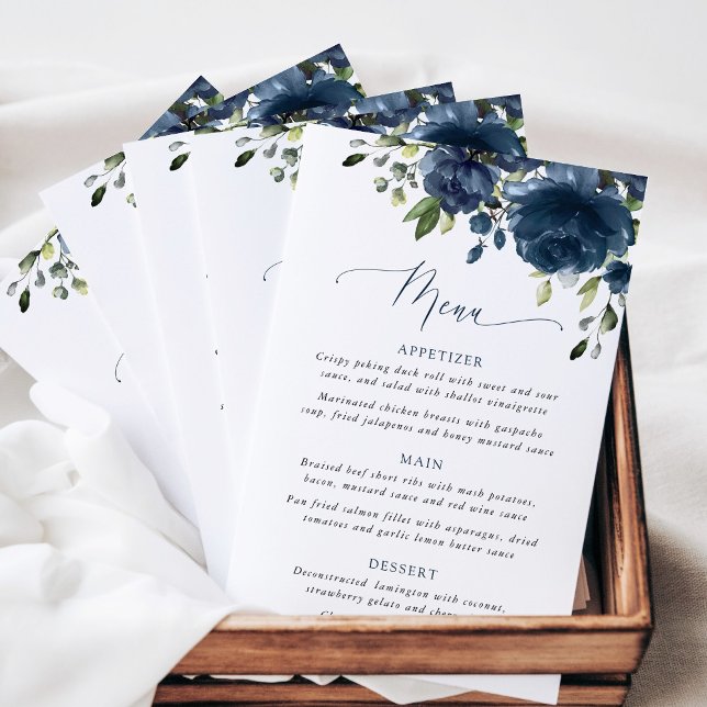 Navy Blue Flowers, Greenery, Bridal Shower Menu (Créateur téléchargé)