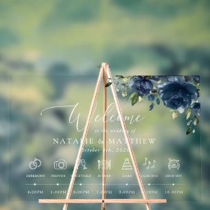 Navy Blue Flowers, Greenery, Wedding Timeline Acrylic Sign