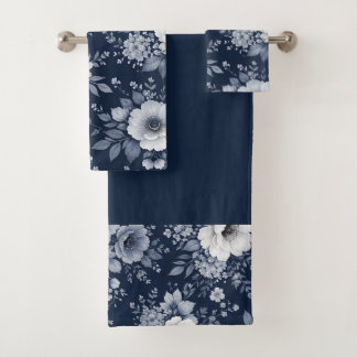 navy blue flowers modern decorative bathroom  bath towel set