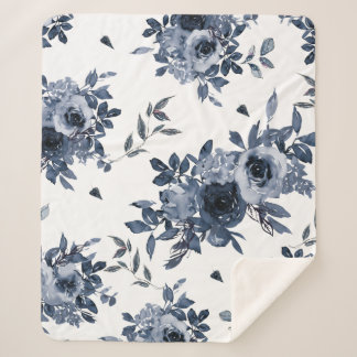 Navy Blue Flowers on White Sherpa Blanket