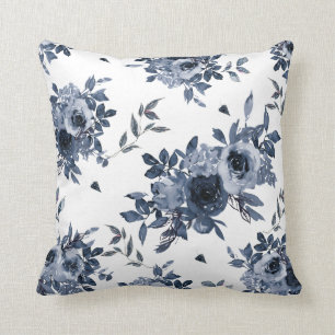 Navy Blue Flowers on White Throw Pillow