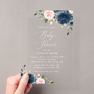Navy Blue Flowers, Pink Flowers, Baby Shower Acrylic Invitations