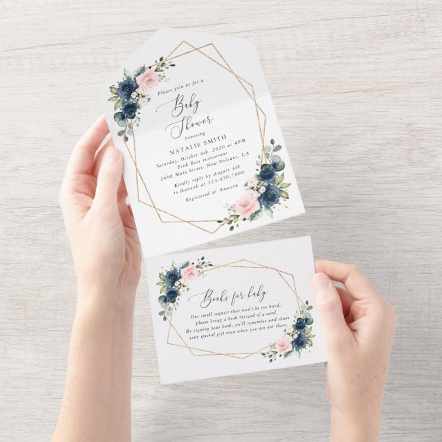 Navy Blue Flowers, Pink Flowers, Baby Shower  All In One Invitation (Tearaway)