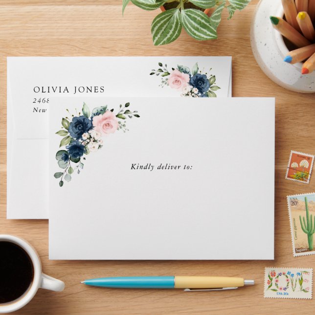 Navy Blue Flowers, Pink Flowers, Baby Shower  Envelope (Desk)