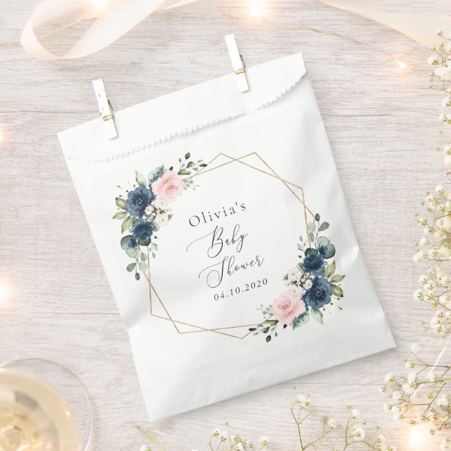 Navy Blue Flowers, Pink Flowers, Baby Shower  Favour Bag (Clipped)