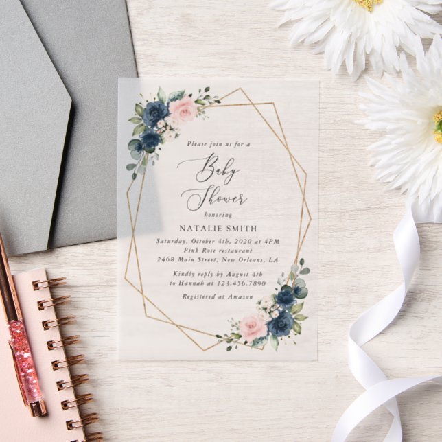 Navy Blue Flowers, Pink Flowers, Baby Shower  Vellum Invitations (Wedding)