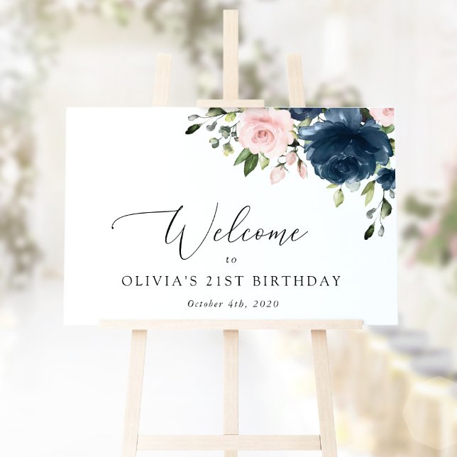 Navy Blue Flowers, Pink Flowers, Birthday Welcome Poster (Creator Uploaded)