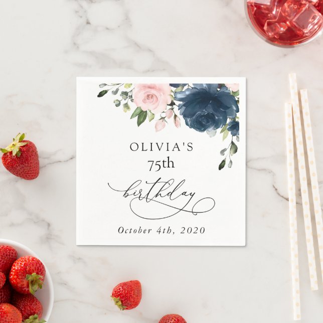 Navy Blue Flowers, Pink Flowers, Boho, Birthday Napkin (Insitu)